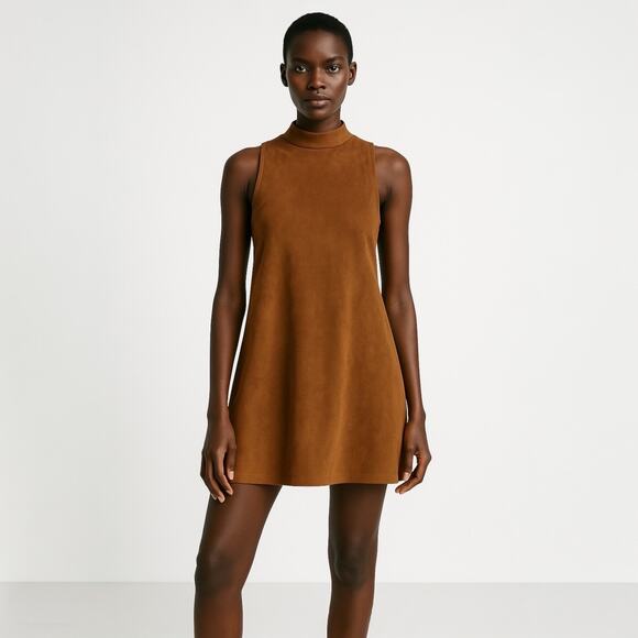 She + sky Brown Faux Suede Sleeveless Cut-out Mock Neck Back Zip Mini Dress Sz M - Picture 2 of 6